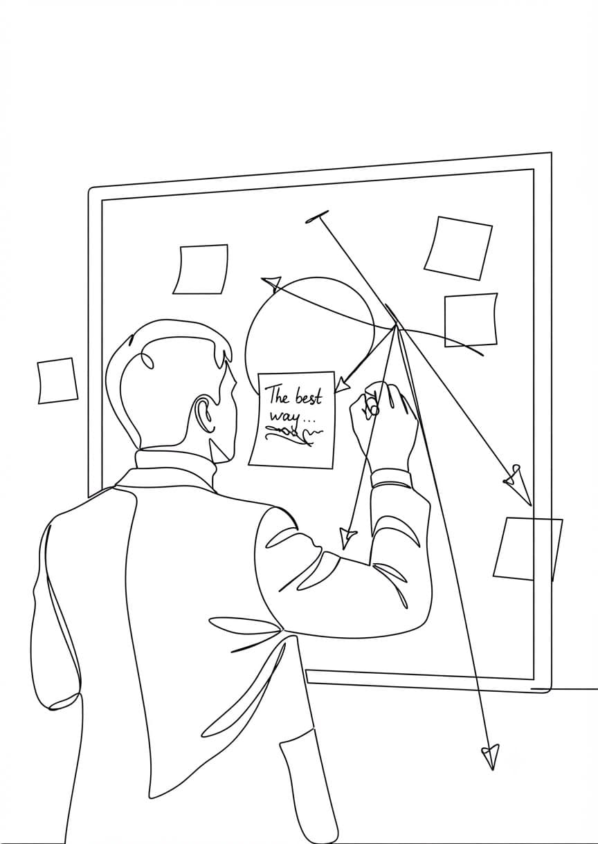Line illustration of someone mapping out an approach on a whiteboard