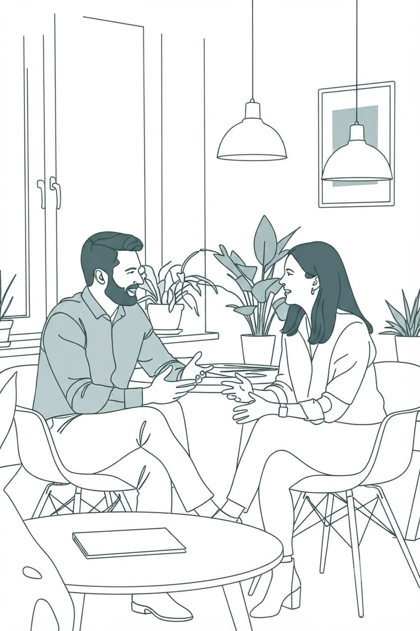 Line illustration of two people in conversation across a table